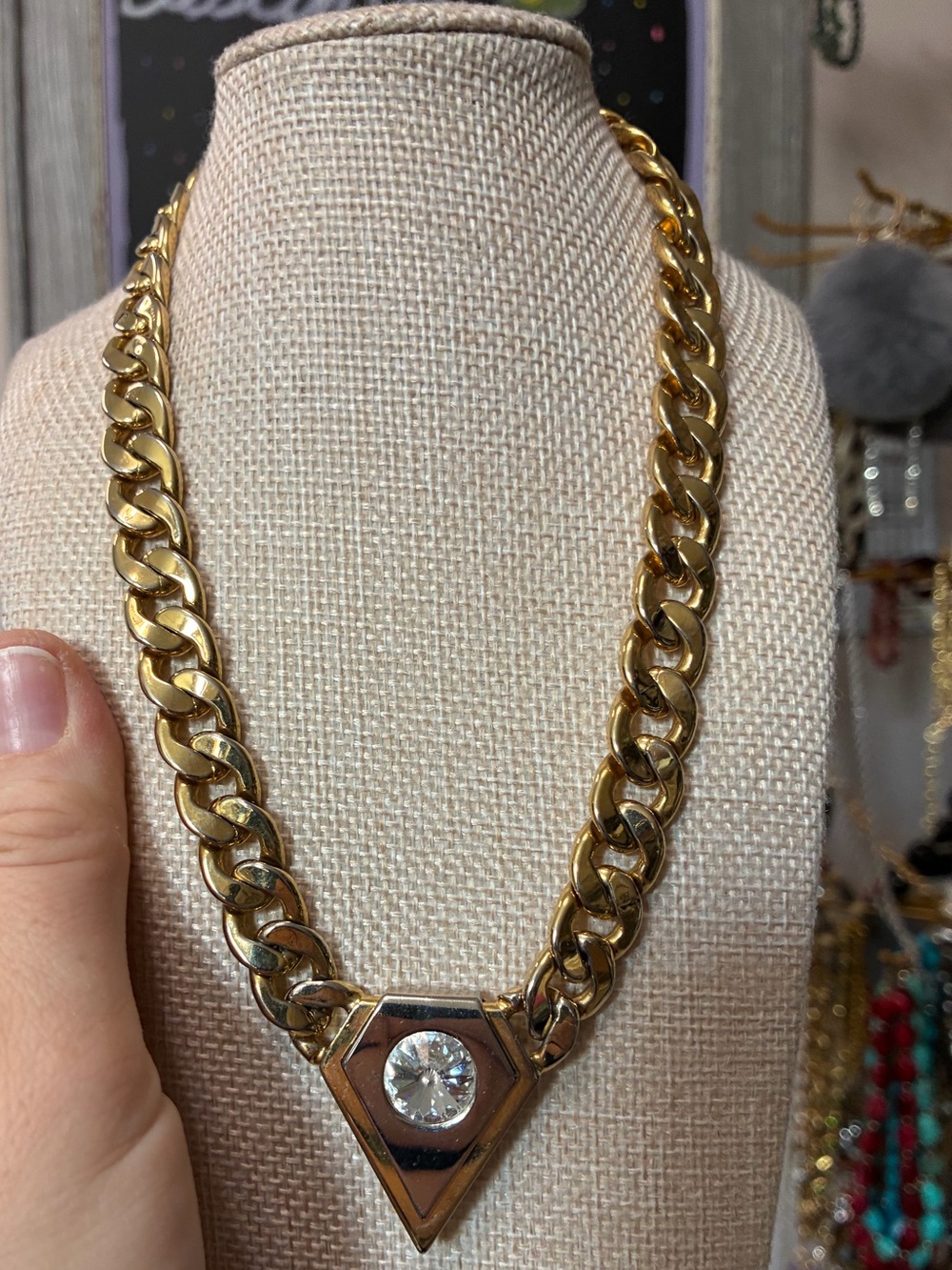Gold Chain Necklace with Triangle Pendant and Clear Stone